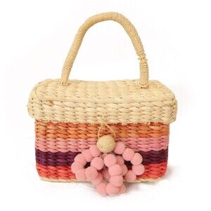 BTB Beyond The Beach Sandy Tote Corn Husk Lined Straw Bag Purse Striped A1
